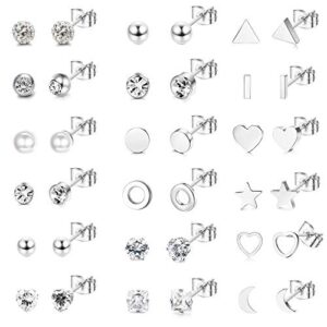 Milacolato 18Pairs Stainless Steel Stud Earrings for Women Small Stud Earring Set Multiple Geometric Tiny Ball Star Heart Pearl Piercing Ear Studs Cubic Zirconia Earrings for Girls