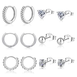 Sterling Silver Earrings for Women 925 Sterling Silver Stud Earrings and Hoop Earring Set Hypoallergenic Cubic Zirconia Gold Silver Sleeper Small Stud Hoop Earring (6Pairs)