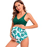 Tofern Maternity Swimsuit High Waisted Bikini Set Two Pieces V Neck Maternity Swimwear Criss Cros...