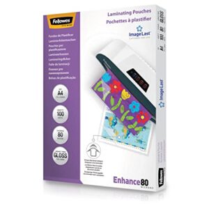 Fellowes A4 Laminating Pouches - Gloss Finish - 100 Sheets - 160 Micron (2 x 80 Micron) High Quality Finish with Image Last Directional Quality Mark - Ideal for Photos and Notices