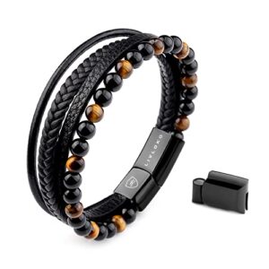 LIVLOKO Mens Bracelet Leather Black Multi-Layer Bracelet for Men Magnetic Clasp Rope Wristband Mens Gift for Boyfriend
