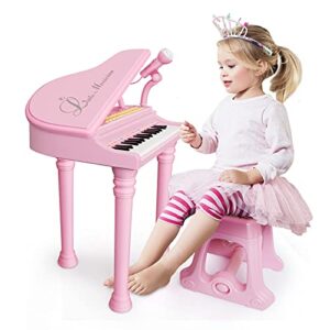 Piano Toys Keyboard for 1+Year Old Girls Birthday Gift Toddler Music Toy Instrument with Microphone Stool Pink 31 Keys