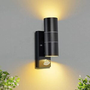 Unikcst Dawn to Dusk Outdoor Wall Lights Mains Powered Sensor IP44 Black Up Down Outside Wall Lights for Front Door Porch 240V -Incl. 2X 5W LED GU10 Bulbs Warm White            [Energy Class F]