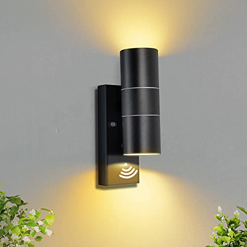 Unikcst Dawn to Dusk Outdoor Wall Lights Mains Powered Sensor IP44 Black Up Down Outside Wall Lights for Front Door Porch 240V -Incl. 2X 5W LED GU10 Bulbs Warm White            [Energy Class F]