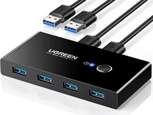 UGREEN USB 3.0 Switch 4 Port USB Switch Selector 5Gbps High-Speed Peripheral Sharing Switcher for 2 Computer Share Mouse Keyboard Compatible with Laptop Scanner Printer 2 Pack 4.92ft Cable