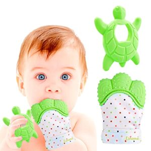 Liname 2 Pack Deluxe Teething Set Includes Teething Mitten for Babies & Teething Toy - Baby Chew Toy & Teething Glove - Safe(BPA Free) Infant Teething Mitt - Baby Teether Toy - Hand Teether for Babies