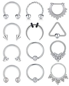 Zolure 16G Stainless Steel Septum Ring Septum Piercing Jewellery Clicker Horseshoe Nose Hoop Rings Eyebrow Lip Earring Tragus Helix Cartilage Daith Conch Body Piercing Jewellery 8-10mm