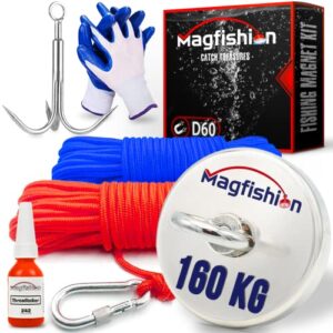 Magfishion – Mega Magnet Fishing Kit – 350 lb (160kg) – Super Strong Neodymium Magnet – Electromagnet – Inc. 2 Ropes (10M & 20M) – Carabiner – Treble Hook - Gloves – Thread locker - Ø 60 mm