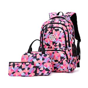 Geometric-Print Backpack and Lunch-Bag Set for Girls-Boys Middle-School Elementary Bookbags