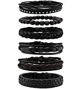 Milakoo 6Pcs Black Braided Leather Bracelet for Men Women Punk Skull Bracelet Rock