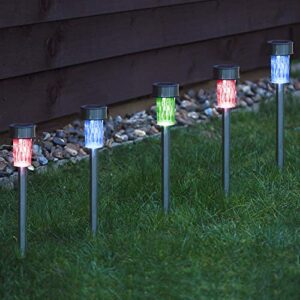 CUQOO 10 x Colour Changing Solar Garden Stake Lights - Rechargeable LED Solar Powered Garden Lights - Waterproof Outdoor Lamps - Stainless Steel Outdoor Solar Lights for Garden