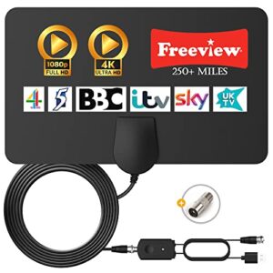 TV Aerial - TCFTT Digital TV Aerial Indoor 250+ Miles Long Range - Amplified HD TV Antenna Indoor for Freeview TV Support 4K 1080P Local TV Channels with Booster & 13 ft Coax Cable