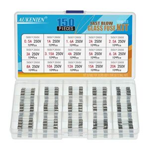 AUKENIEN 15 Value 150 Pcs 0.5A 1A 1.6A 2A 2.5A 3A 3.15A 4A 5A 6.3A 8A 10A 12A 15A 20A Amp 250V Fuses 5x20mm Fast Blow Glass Fuse Assortment Kit for Protecting Eectrical Euipme