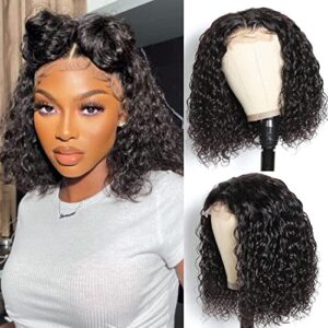 Zealady 4x4 Bob Wig Human Hair Lace Front Wigs For Women Human Hair Short Curly Wig Brazilian Hair Bob Wig Human Hair 12 Inch 180% Density Natural Black Middle Pa