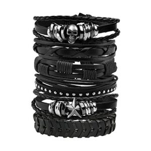 MILAKOO Leather Bracelet Black Brown Braided Wide Wristband Women Men Punk Jewelry Skull