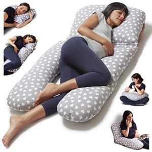 Niimo Maternity Pillow for Pregnant Women and Multifunctional Nursing Pillow - U-Shaped Maternity Pillow for Sleeping - Pregnancy Gifts- Breast Feeding Pillow with Pillowcase - Grey-White Hearts
