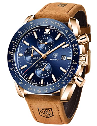 BENYAR Men's Watch Quartz Sports Chronograph Fashion Business Luxury Brand Waterproof Watch Analog Date Men's Brown Leather Watch for Me