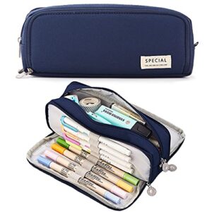 MAMUNU Pencil Case Large Capacity Pencil Pouch with 3 Compartment Stationery Storage Pen Bag for School Office Pencil Bag Comestic Makeup Bag for Women Men Girls Boys (Dark Blue)
