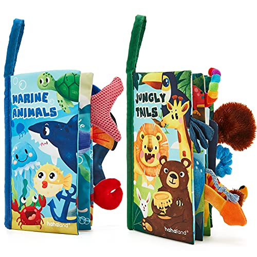 hahaland 2 Pcs Baby Books Toys 0-6 Months Touch Feel Activity Soft Book with Squeaker