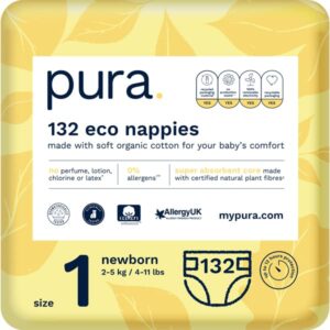 Pura Eco Baby Nappies Size 1 (Newborn 2-5kg / 4-11 lbs) Monthly Pack 6 x 22 per pack