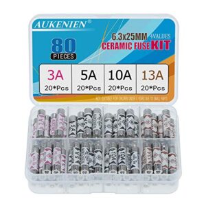 AUKENIEN 4 Values 80pcs BS1362 Fuse 3A 5A 10A 13A 240V 3 5 10 13 Amp 240 Volt Fuses Assorted Household UK 6.3x25 mm 0.248x0.984 Inch Ceramic Tube Fuses Assortment Kit for Mains Plug