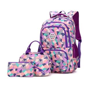 Geometric-Print Purple-Backpack and Lunch-Bag Set for Girls Middle-School Elementary Bookbags