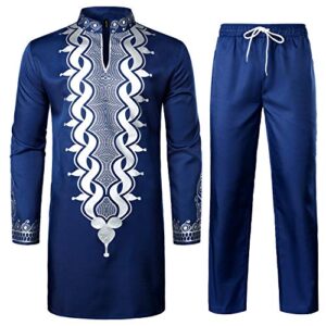 LucMatton Men's African 2 Piece Set Long Sleeve Gold Print Dashiki and Pants Outfit Traditional Sui
