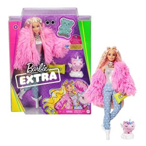 Barbie Extra Doll #3 - Pink Fluffy Coat with Unicorn Pig Pet - Playset with 15 Fashion and Pet Accessories - Made to Move - Gift for Kids 3+ - GRN28
