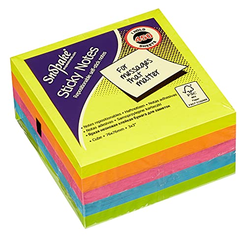 Snopake 76 x 76 mm Neon Assorted Sticky Notes [Cube of 450 Sheets] 11702