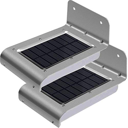 2 Pack Aluminium Bright Solar PIR Security Lights Outdoor Motion Sensor Wall Gutter Doorway Light 3 Mode with Dim Standby High When Activated Feature Waterproof to IP65            [Energy Class A]