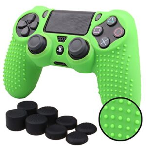 Pandaren® STUDDED silicone cover skin anti-slip for PS4/ SLIM/ PRO controller x 1(green) + FPS PRO thumb grips x 8