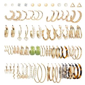 CASSIECA 38 Pairs Gold Earrings Set for Women Girls Boho Drop Dangle Earrings Pack Fashion Pearl Multipack Statement Earrings Bulk Acrylic Hoop Earrings for Gif