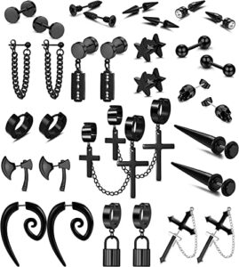 Morfetto 16 Pairs Stainless Steel Y2K Punk Earrings Black for Men Women Mens Earrings Skull Cool Emo Goth Chains Jewelry Piercing Dangle Hoop Earrings Stud Se