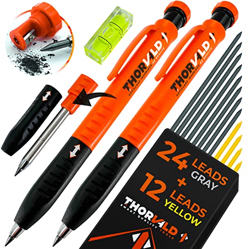 THORVALD 2 Pro Extensible Carpenters Pencil [+ 38 Leads + Lead Sharpener + Pocket Spirit Level + Easy-Write Grip] For Carpenter Handyman DIY for Drawing Writing Tracing on Wood Metal Concrete Tile