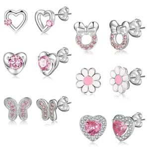 6-8Pairs 925 Sterling Silver Earrings for Girls Women Hypoallergenic Earrings Tiny Heart Hoop Earrings CZ Ball Butterfly Daisy Stud Sets for Teen Kids Toddler Pink Silve