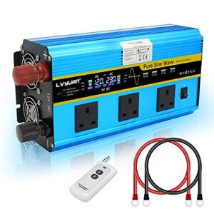 LVYUAN 2500W /5000W Pure Sine Wave Power Inverter DC 12V to AC 230V/240V Converter with LCD & Wireless Remote Controller & 3 AC Sockets & 4 USB Ports & 4 Convection Fans
