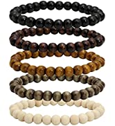 MILAKOO 6Pcs Braided Leather Bracelets for Men Women Wood Beads Bracelet Adjustable