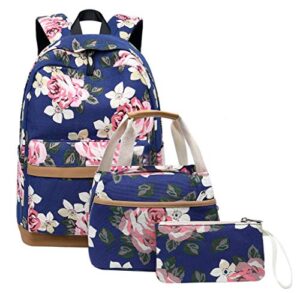 SellerFun Flower Print Canvas Girls USB Backpack Sets Women Laptop Daypack with Lunch Tote Bag Purse/Pencil Case(Blue