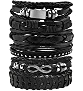 MILAKOO Leather Bracelet Black Brown Braided Wide Wristband Women Men Punk Jewelry Skull