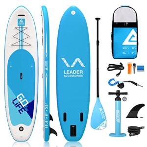 Leader Accessoris Inflatable Stand up Board with Fins Adjustable Paddle Black Kayak Leash Backpack Pump with Gauge