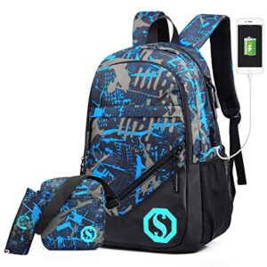 Ultra Light Water Resistant Boy School Backpack Set 3 Pieces School Bags Set for Teenage Boys Casual Daypack+Small shoulder bag+Pencil Case (3 PCS)