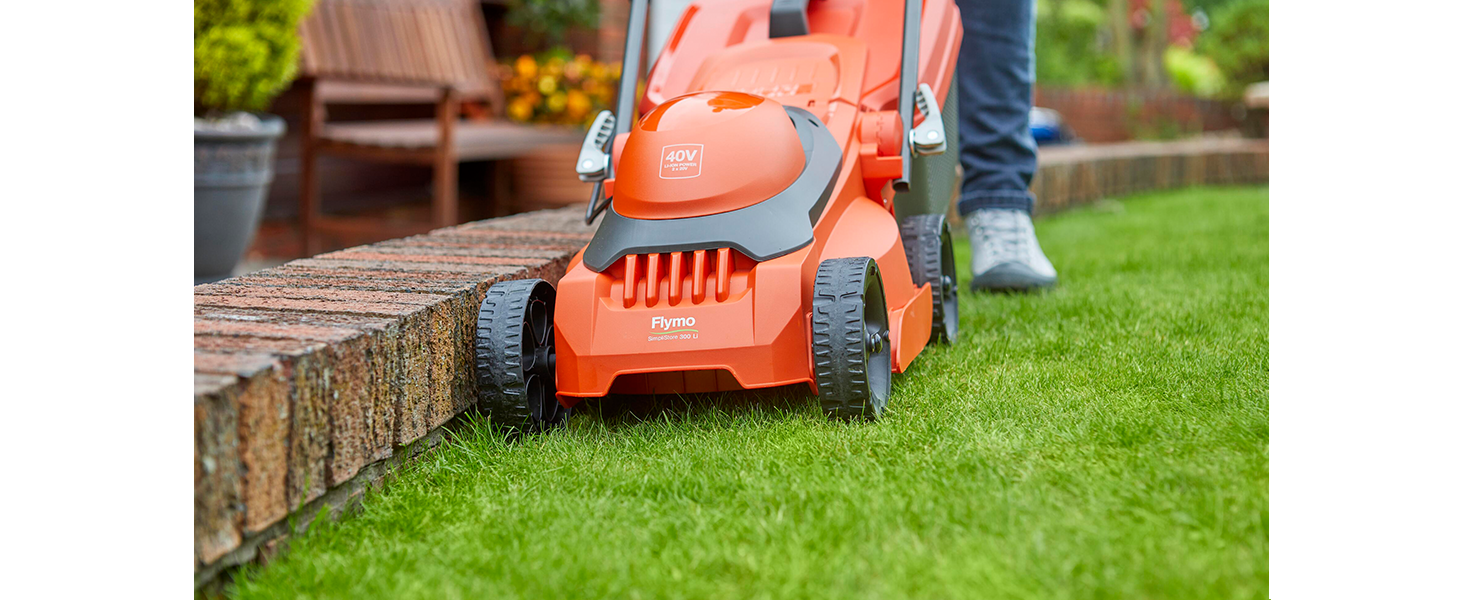 Designed to allow cutting close along borders and flowerbeds - meaning less trimming required.