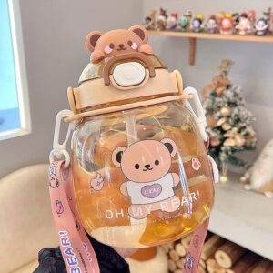 EHOTER Kawaii Water Bottle with Straw Cute Water Bottles 46oz Big Belly Water Bottle Large Capacity Kawaii Bear Bottle Cute Cartoon Drinking Bottle for Milk Juice Tea (Bear)