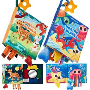 Baby Books 0-6 Months with Teething Toys Touch and Feel Crinkle Soft Sensory Toys for Babies - 3D Feet Cloth Books Newborn Baby Boys Girls Gifts - Stroller Hanging Toys 0 3 6 9 Months