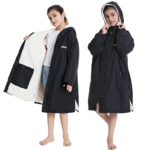 Hiturbo Kids Waterproof Changing Robe-Windproof Warm Robe Oversized Coat Surf Poncho with Fleece Lining Black