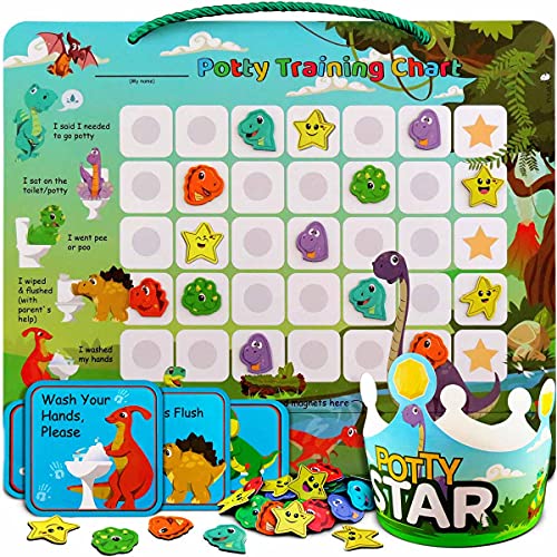 Potty-Training-Chart-with-35 Reusable Magnetic-Stickers. A Dinosaur Potty Chart that Reward Toddlers &ndash; Motivational Toilet Potty Training Stickers Chart for Boys & Girls (Dinosaurs)
