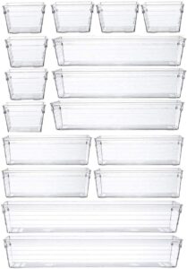 Grace Store 16 Pcs Clear Plastic Drawer Organiser Trays Desk Versatile Kitchen Drawer Organiser Bins Tray for Makeup Bedroom Office