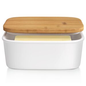 Tydi - Elegant Porcelain Butter Dish With Lid Ceramic - Removable Silicone Seal - White with Bamboo Lid - Butter Dishes with Lids for all your Cooking Needs - 16x10.5x7 cm