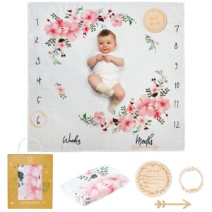 Baby Milestone Blanket | Cotton Muslin Swaddle Blanket | Monthly Photo Mat for Newborn Boy or Girl