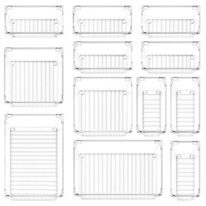 InnoGear Desk Drawer Organiser 12 Pcs Drawer Organisers Trays Makeup Drawer Divider Clear Plastic Storage Boxes for Bathroom Kitchen Office Cosmetics Stationery (Transparent)